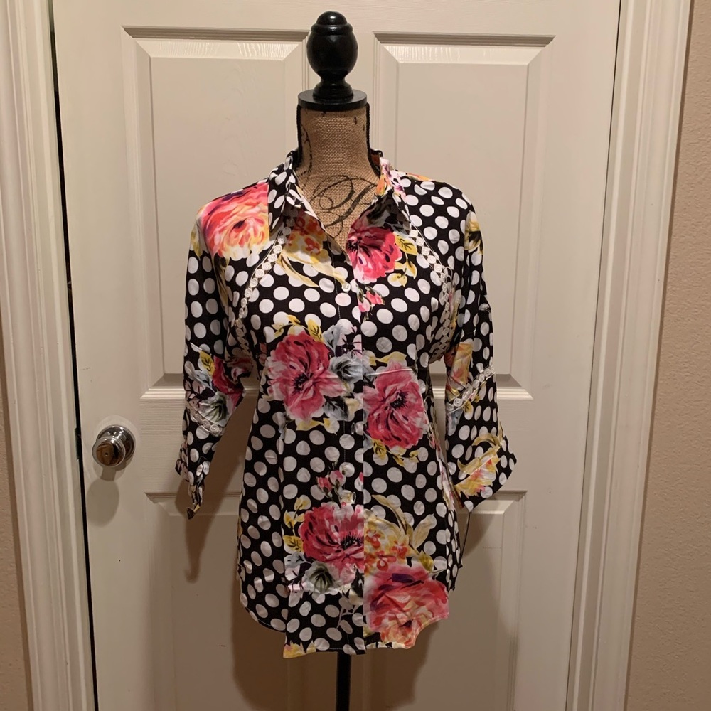 - Black polka, floral print blouse with lace…